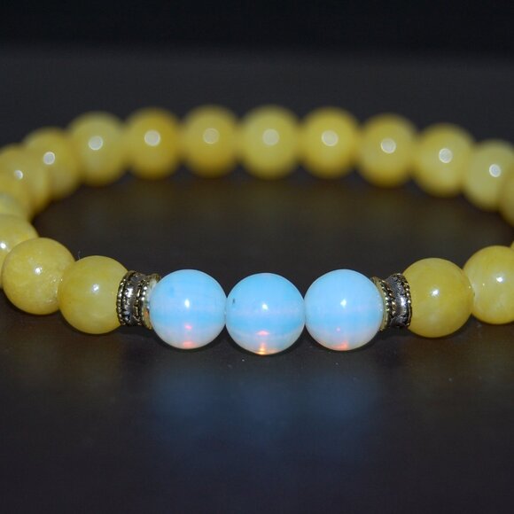 Yellow Jade Bracelet,Opal and Yellow Jade Beads,Good Luck and Romance - Picture 2 of 2